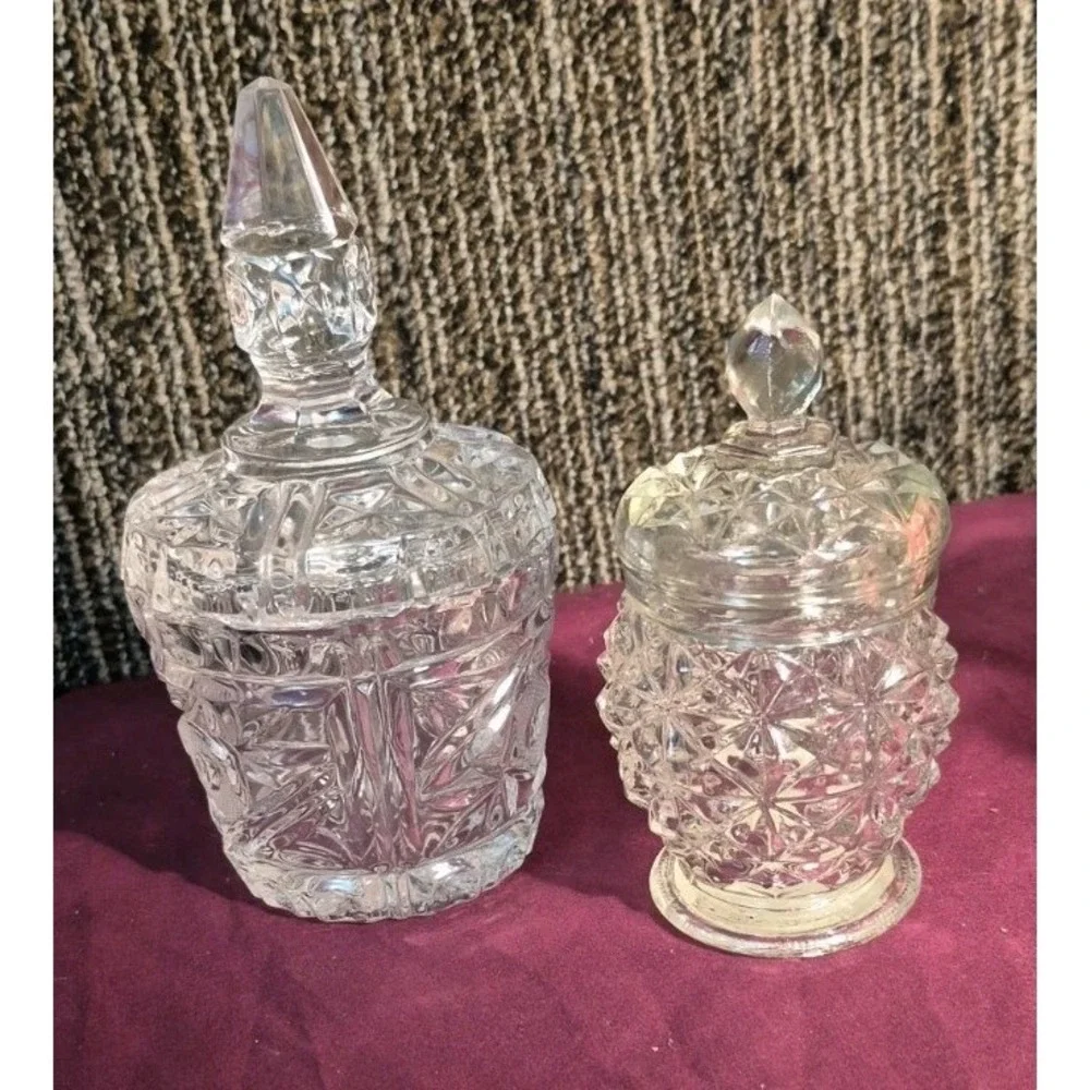 Vintage Avon Crystal Facets Roses Roses Cologne Jar + Glass Decanter Vanity Set